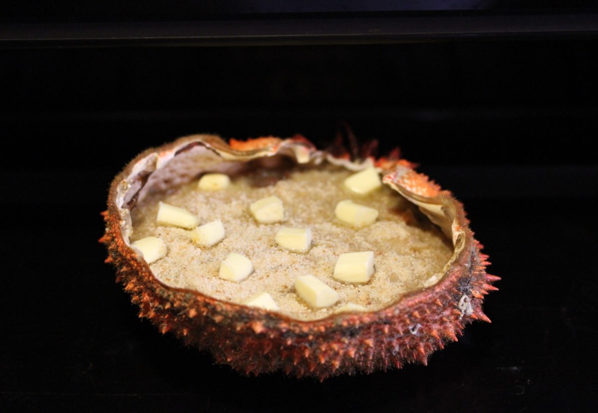 Centolla o centollo gratinado con langostinos y lacón