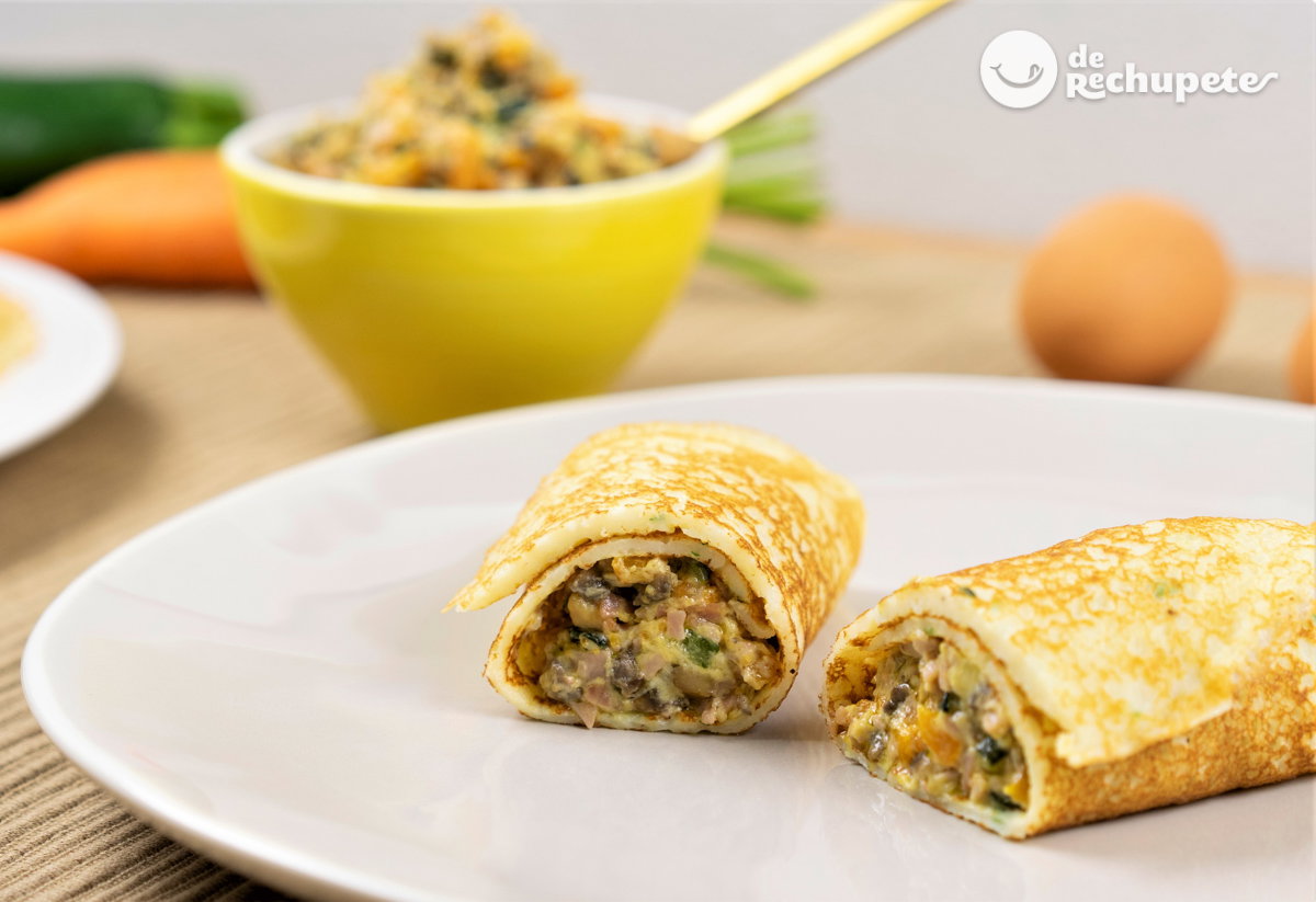 Crêpes saladas rellenas de verduras y jamón. Una receta saludable y muy fácil