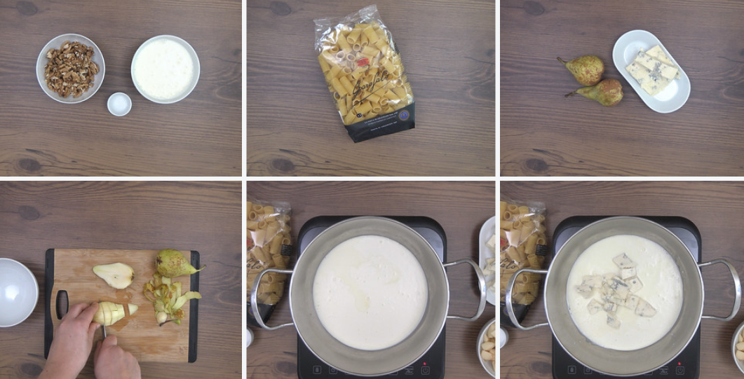 Pasta rigatoni con gorgonzola, peras y nueces