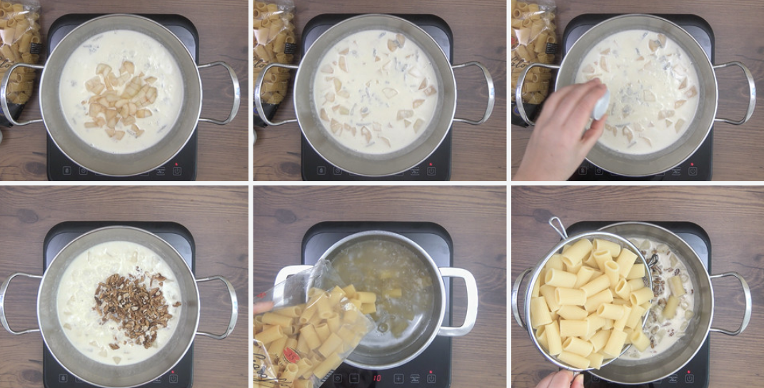 Pasta rigatoni con gorgonzola, peras y nueces