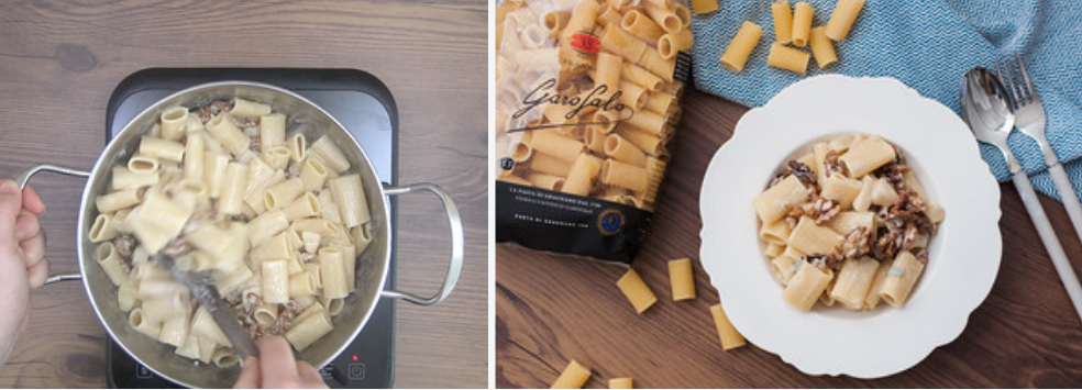 Pasta rigatoni con gorgonzola, peras y nueces