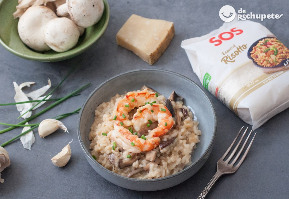 Risotto de champiñones Portobello y langostinos. Receta italiana para sorprender