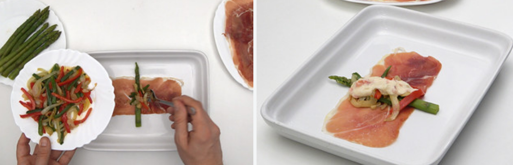Rollitos de espárragos y jamón gratinados