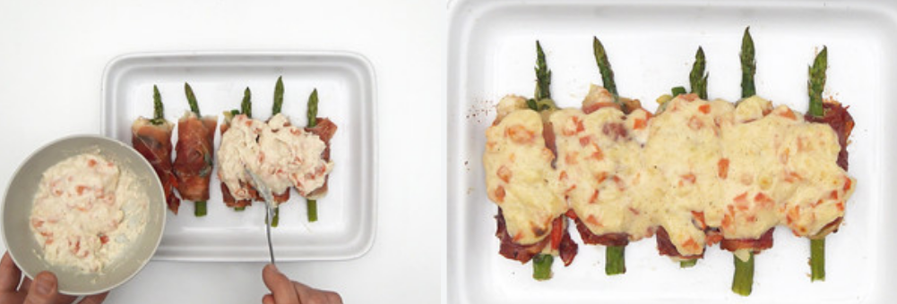 Rollitos de espárragos y jamón gratinados
