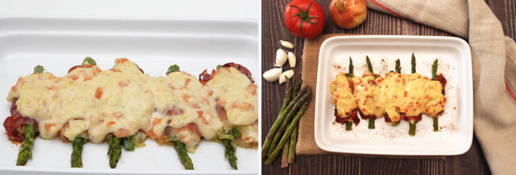 Rollitos de espárragos y jamón gratinados