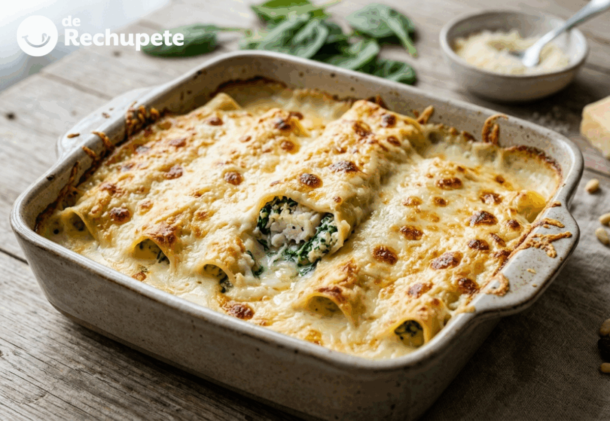 Canelones rellenos de bacalao, espinacas y piñones. Receta de Semana Santa