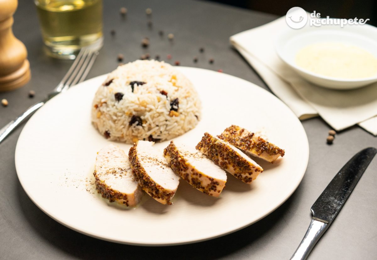 Pechuga de pavo asada con miel y mostaza con arroz basmati