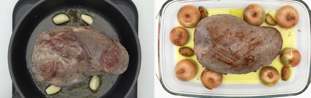 Rosbif de ternera con cebollitas y manzana confitada. Receta navideña paso a paso