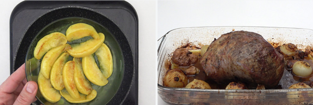 Rosbif de ternera con cebollitas y manzana confitada. Receta navideña paso a paso