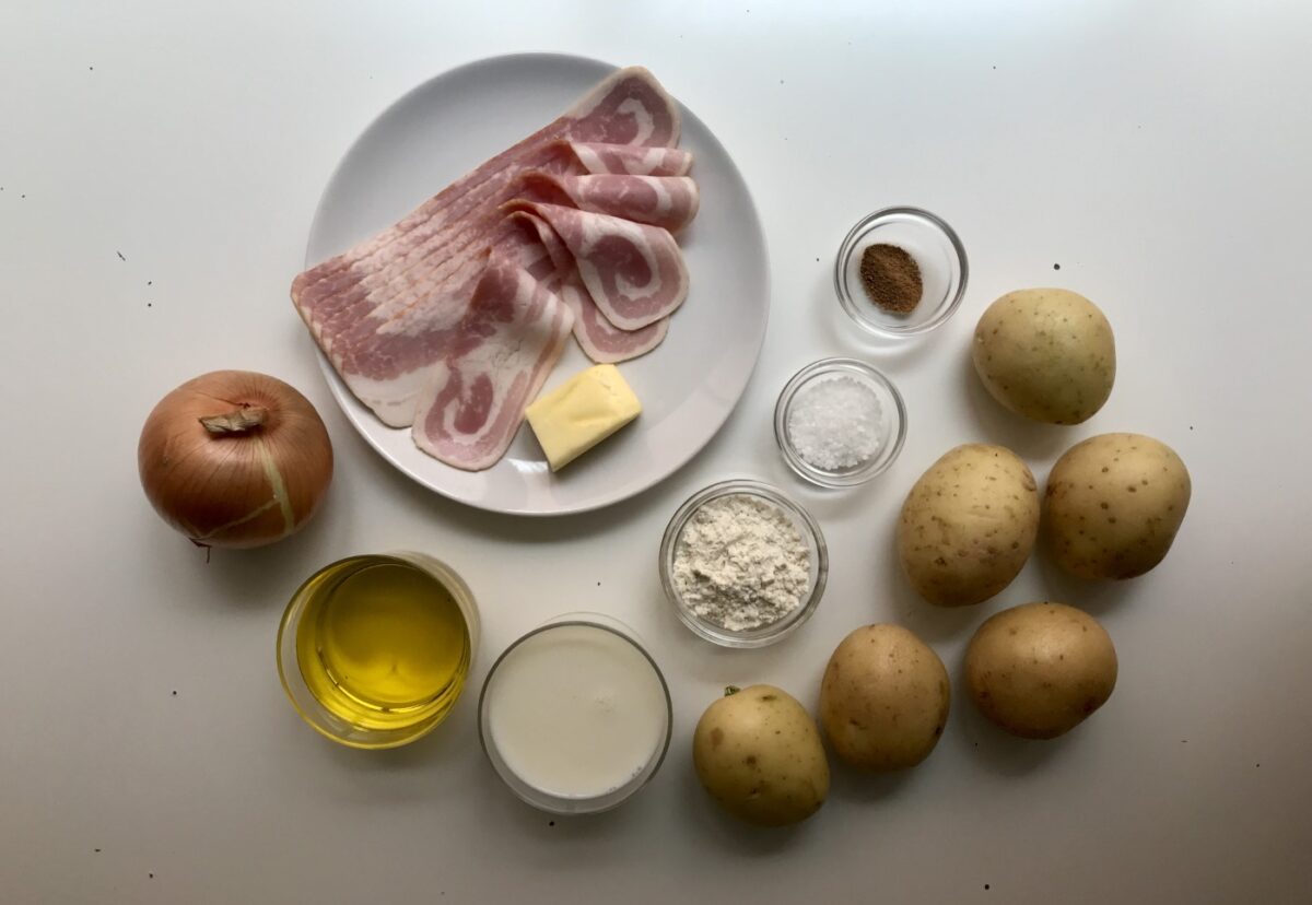 Patatas con bacon y gratinadas con bechamel. Receta fácil paso a paso