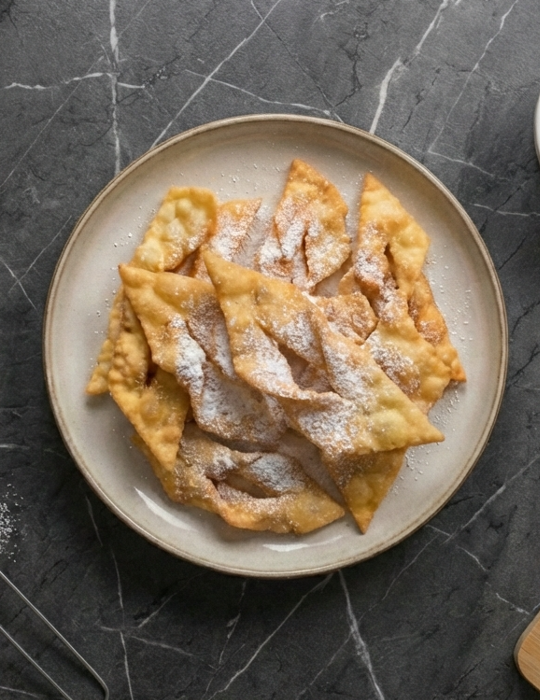 Hojuelas fritas. Postre de otoño hecho con harina de castañas