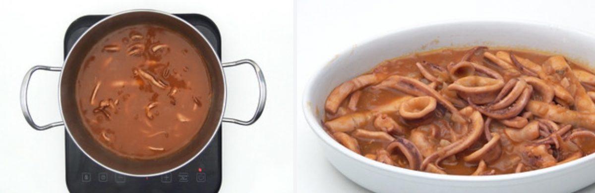 Calamares en salsa americana picante con arroz blanco. Receta paso a paso