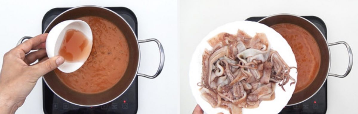 Calamares en salsa americana picante con arroz blanco. Receta paso a paso