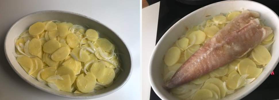 Rape al horno con patatas, salsa de almendras y chips de alcachofas