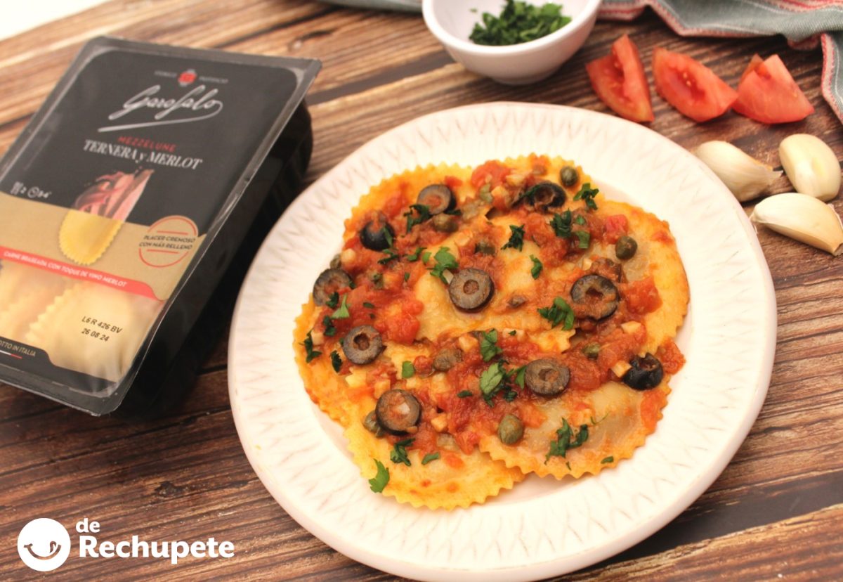 Mezzelune rellenos de ternera y merlot en salsa Puttanesca