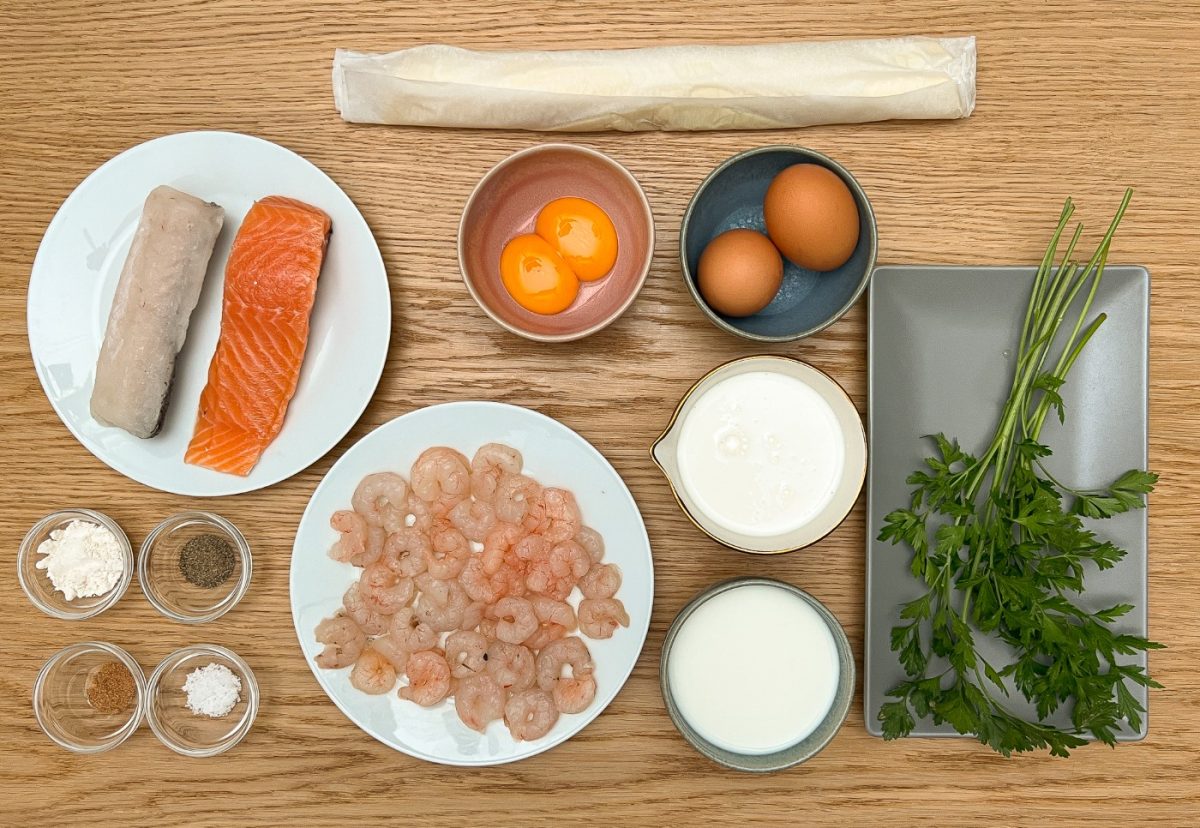 Quiche de merluza y salmón con langostinos