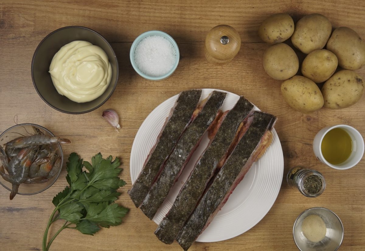 Rodaballo al horno con gambas al ajillo paso a paso
