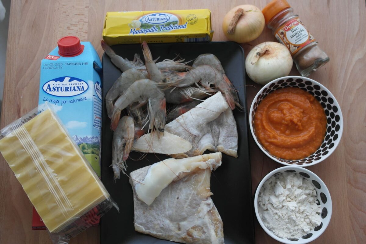 lasaña de bacalao y langostinos paso 1