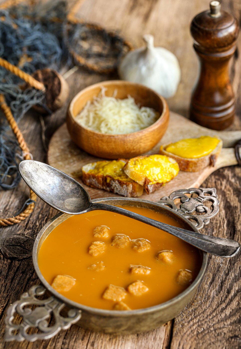 Sopa de pescado acompañada con salsa rouille y croutons de pan