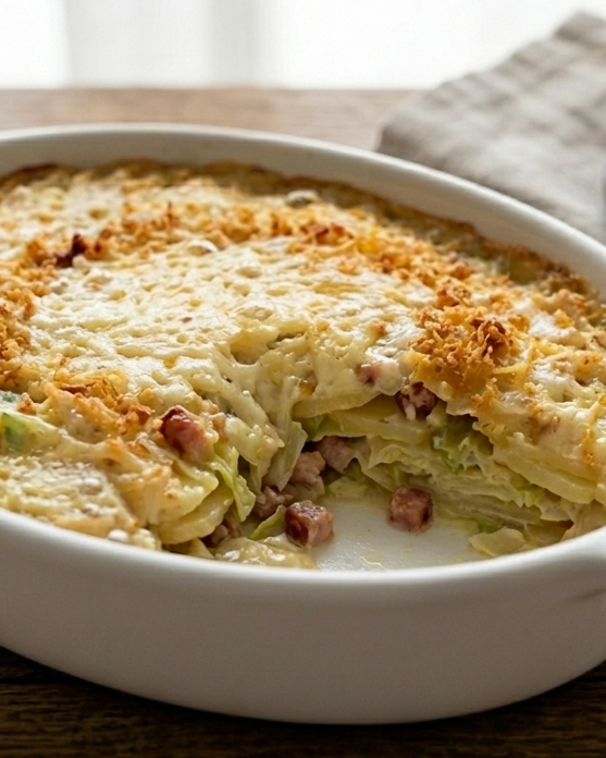 Gratinado de patatas, tocino y repollo del día de San Patricio. Polish cabbage, potato, and bacon