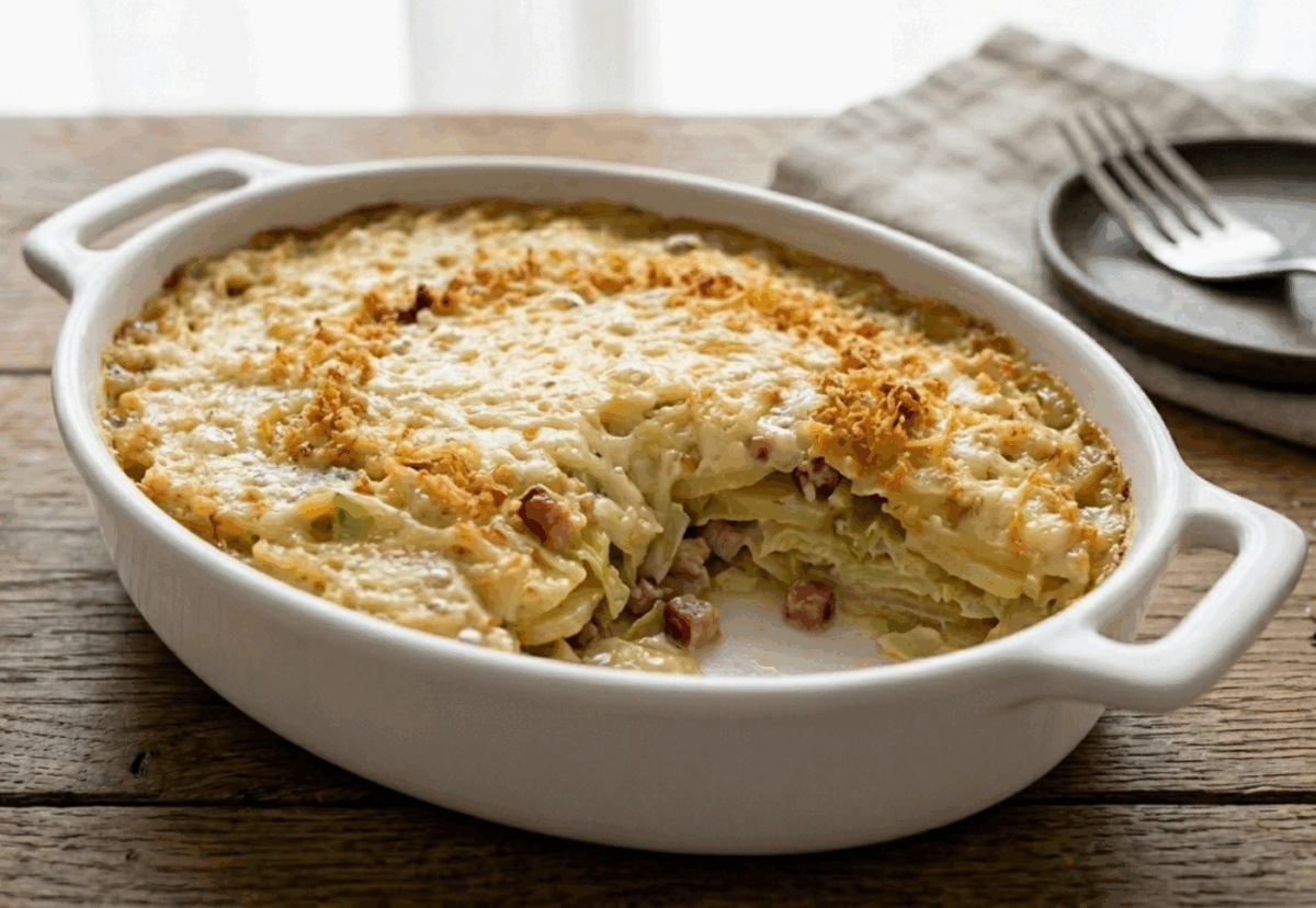 Gratinado de patatas, tocino y repollo del día de San Patricio. Polish cabbage, potato, and bacon