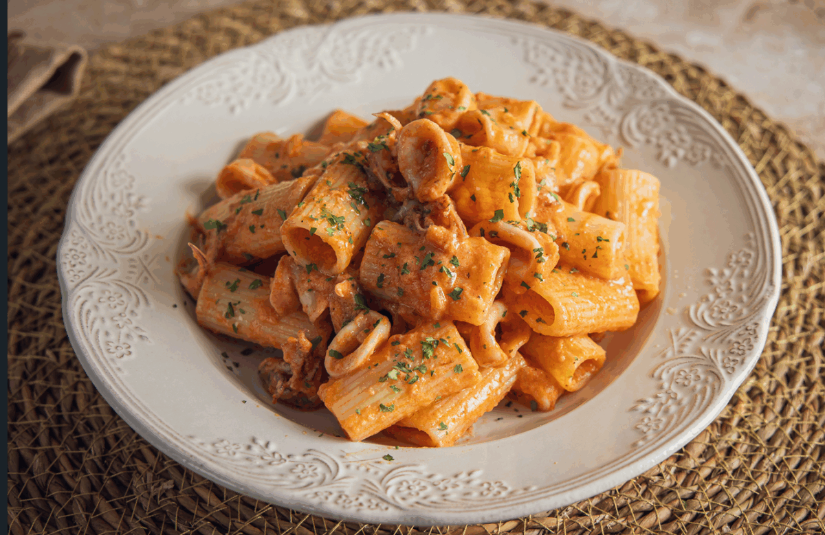Pasta Rigatoni con calamares y salsa cremosa marinera