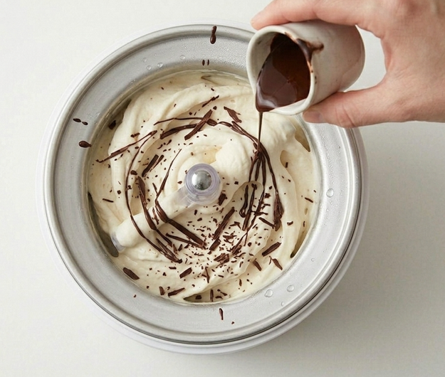 Helado de stracciatella, cremoso y con lascas finas de chocolate
