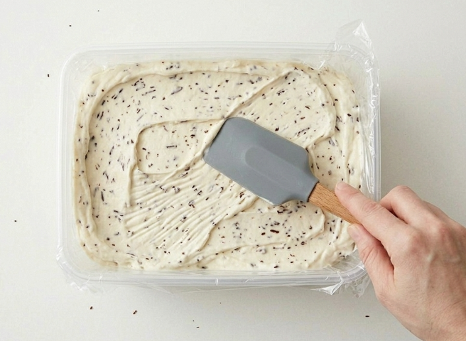 Helado de stracciatella, cremoso y con lascas finas de chocolate