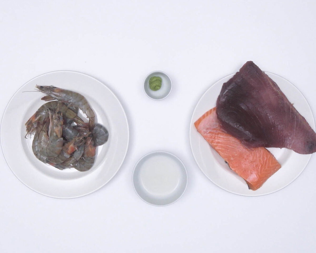 nigiris de atún salmón y langostinos paso 1