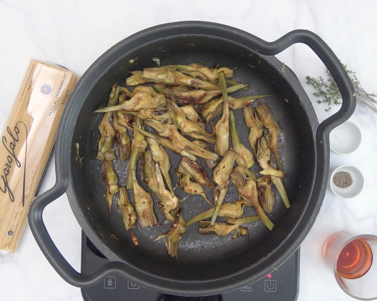 Espaguetis con alcachofas y langostinos 11