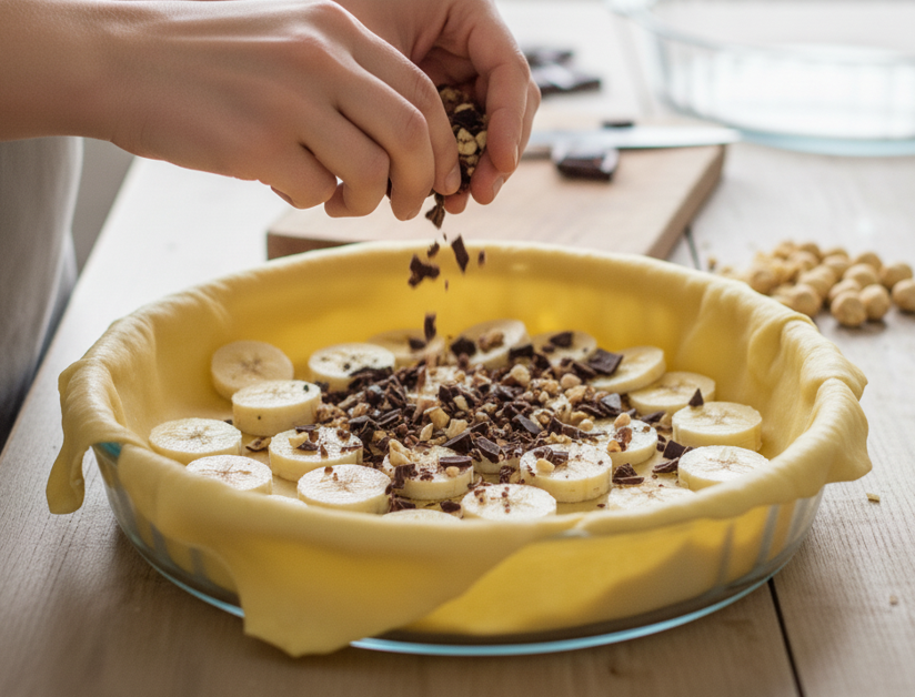 Tarta de plátano, chocolate y avellanas