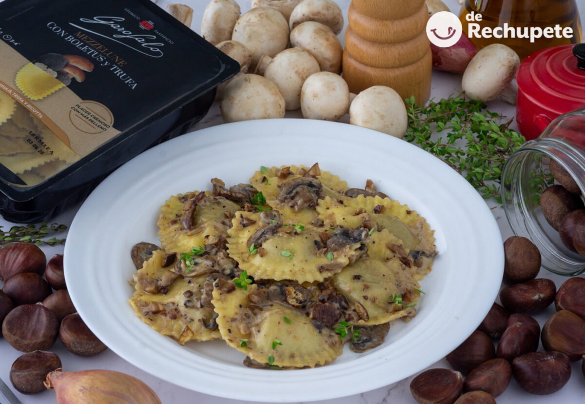 Mezzelune de Boletus y trufa en salsa de champiñones y castañas crujientes