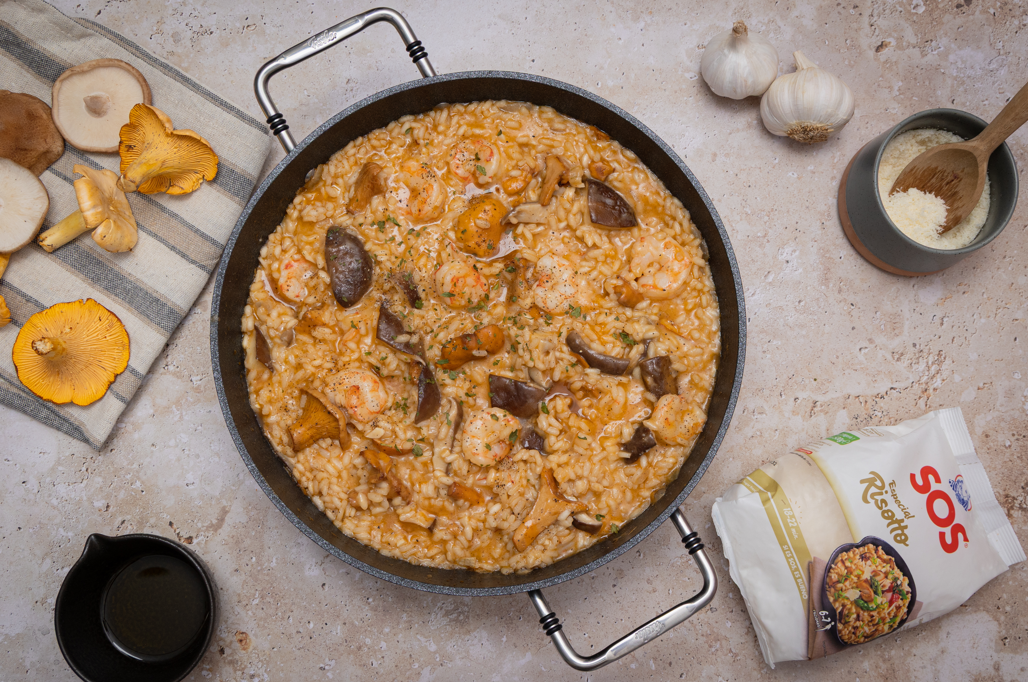 Risotto de setas, trufa y langostinos