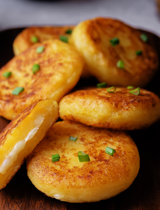 Hotteok coreano salado. Tortitas de patata rellenas de queso