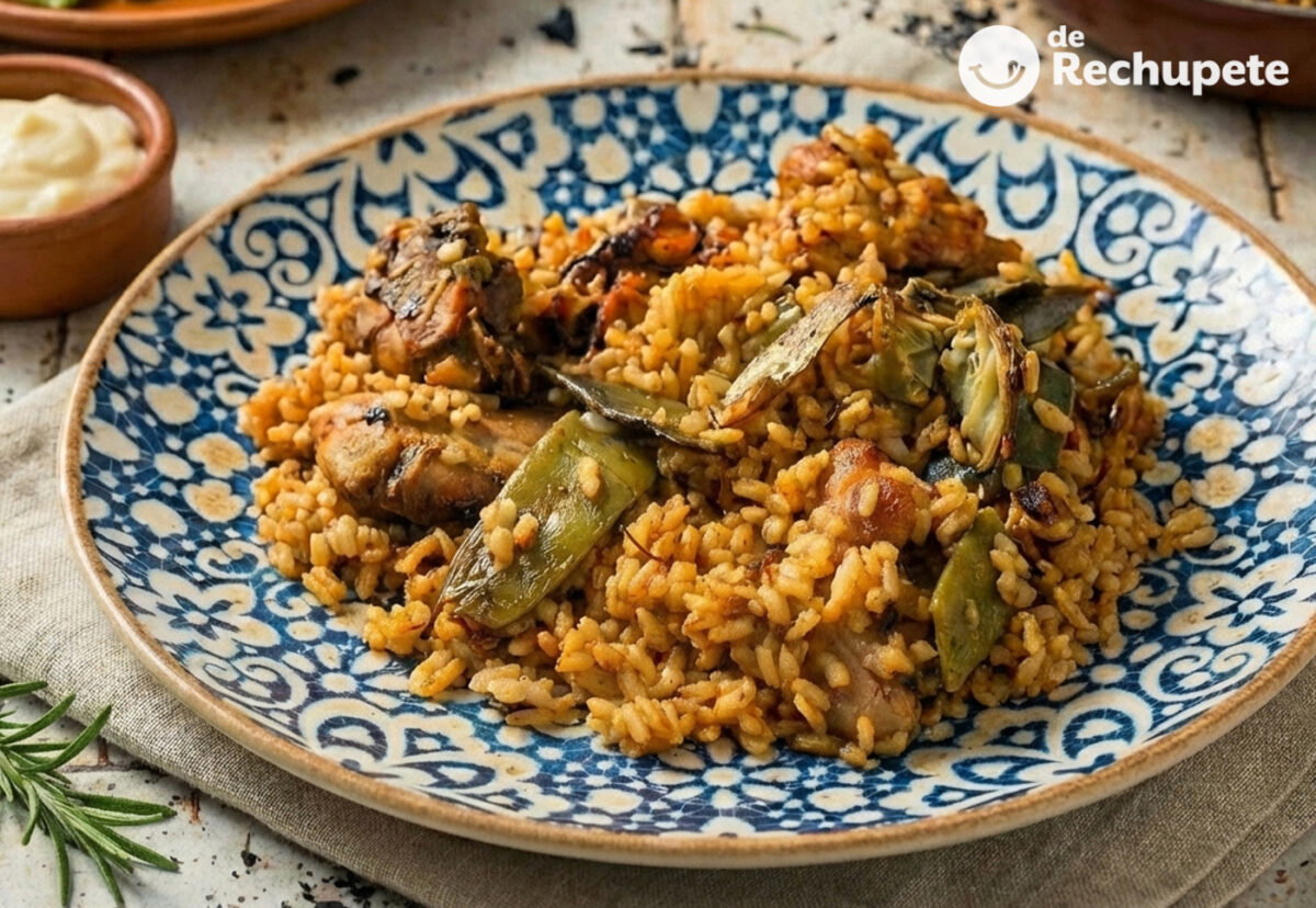 Arroz con conejo y verduras en paella. Receta tradicional