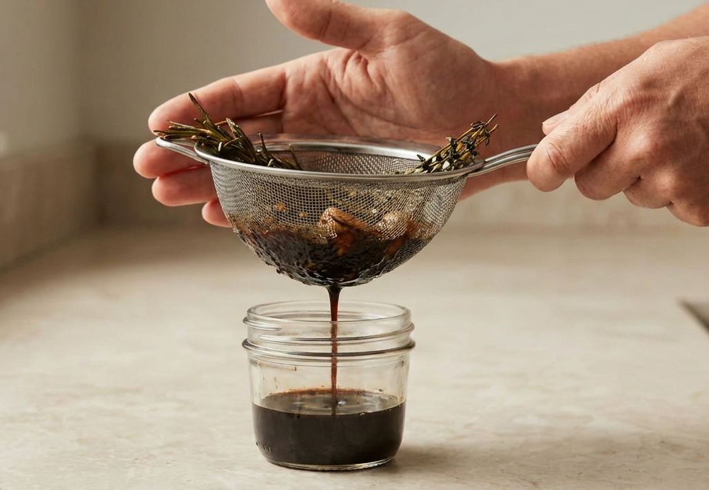 Reducción de vinagre balsámico con hierbas aromáticas