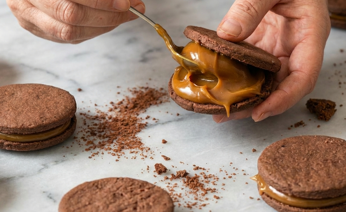 Alfajores de chocolate rellenos de dulce de leche y cubiertos de chocolate