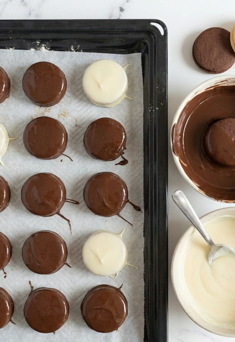 Alfajores de chocolate rellenos de dulce de leche y cubiertos de chocolate