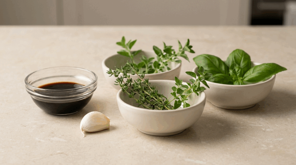 Reducción de vinagre balsámico con hierbas aromáticas