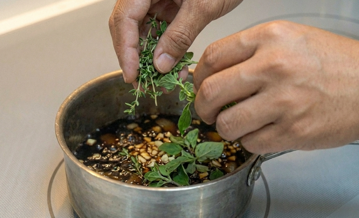 Reducción de vinagre balsámico con hierbas aromáticas