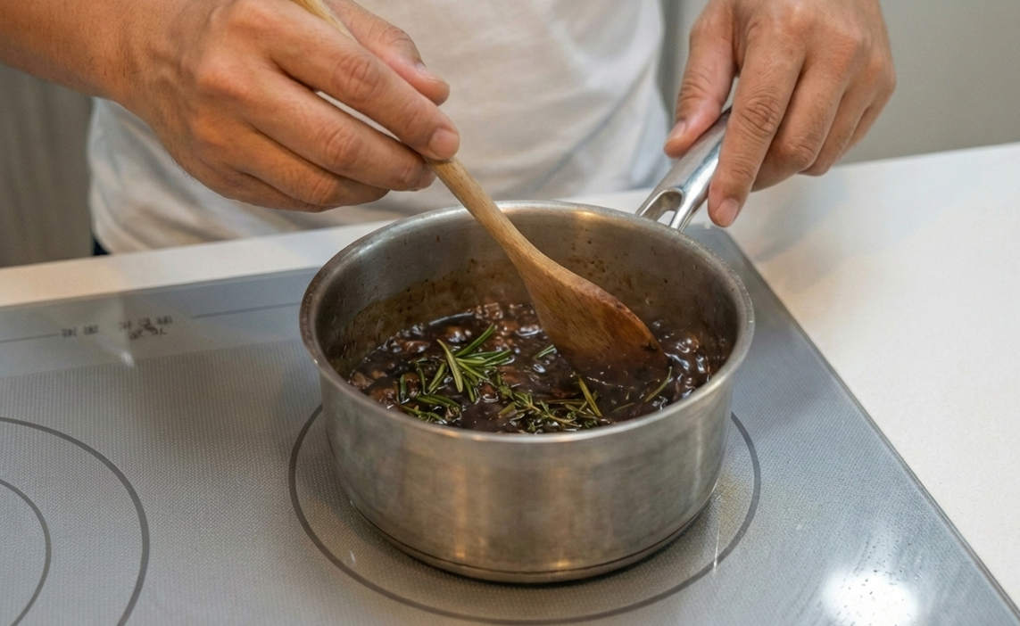 Reducción de vinagre balsámico con hierbas aromáticas