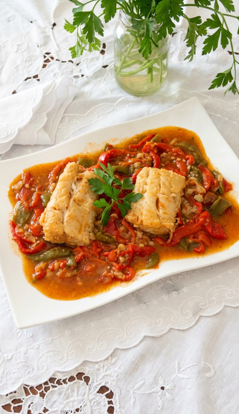 Bacalao a la tranca con pimientos asados