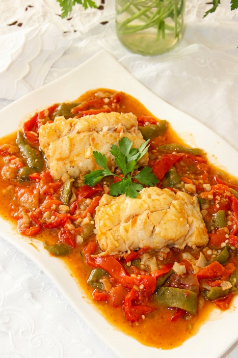 Bacalao a la tranca con pimientos asados