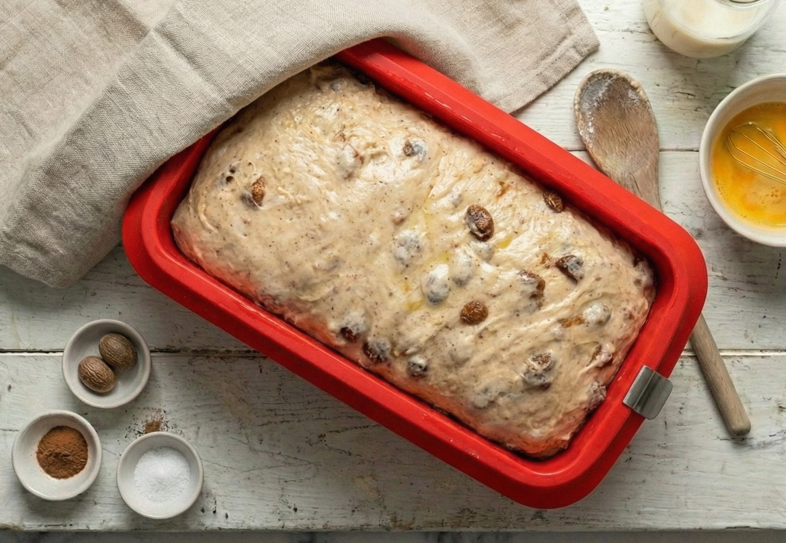 Barmbrack irlandés con prefermento y té. Pan dulce tradicional de Halloween