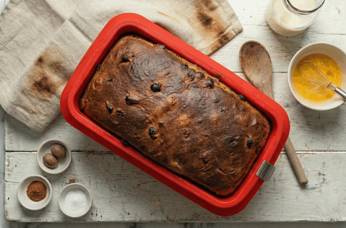 Barmbrack irlandés con prefermento y té. Pan dulce tradicional de Halloween