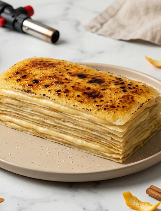 Milhojas de filloas caramelizadas con crema catalana