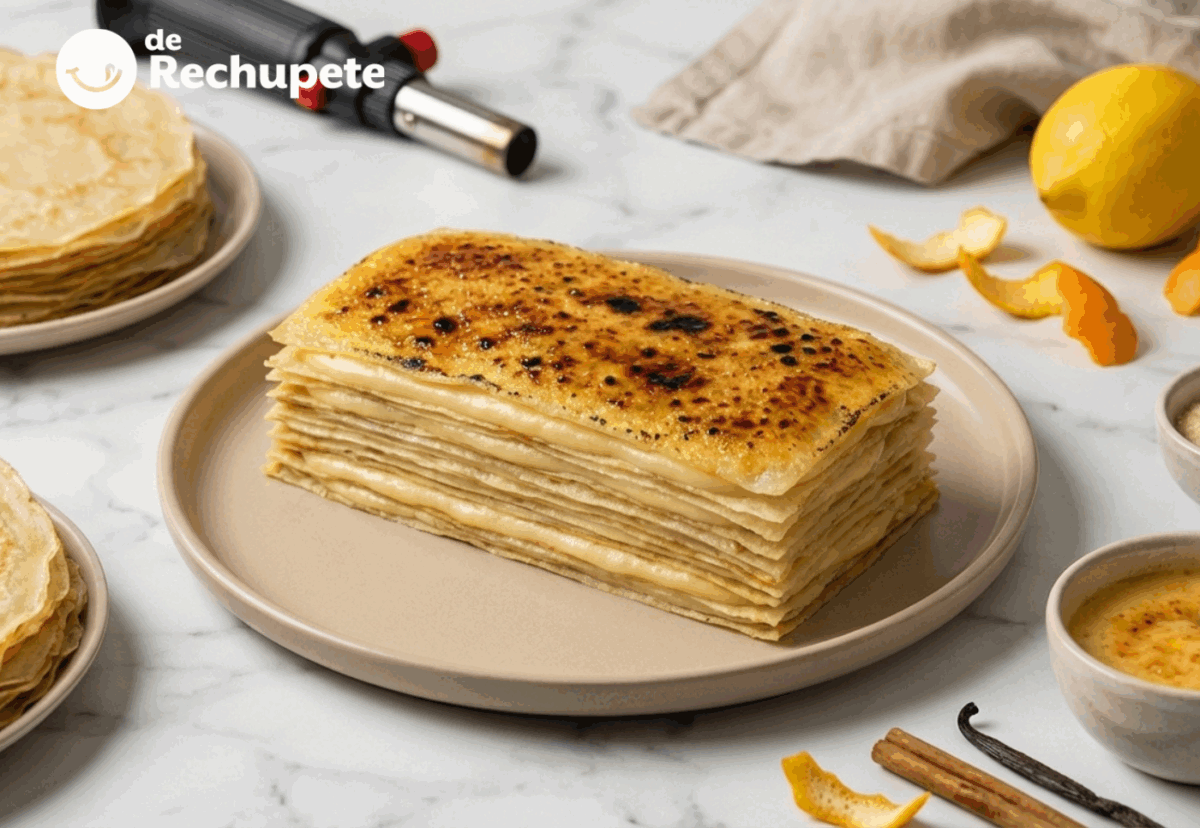 Milhojas de filloas caramelizadas con crema catalana