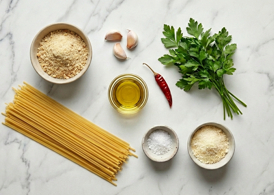 Pasta pangrattato con pan tostado y ajo, sabor del sur de Italia