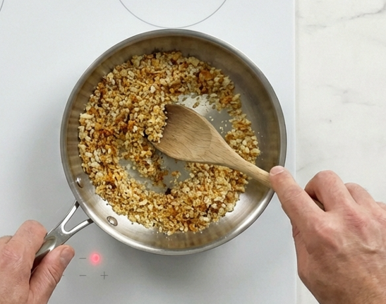 Pasta pangrattato con pan tostado y ajo, sabor del sur de Italia