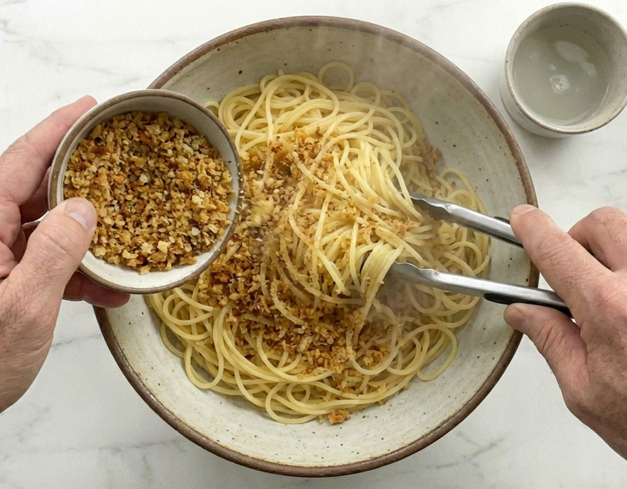 Pasta pangrattato con pan tostado y ajo, sabor del sur de Italia